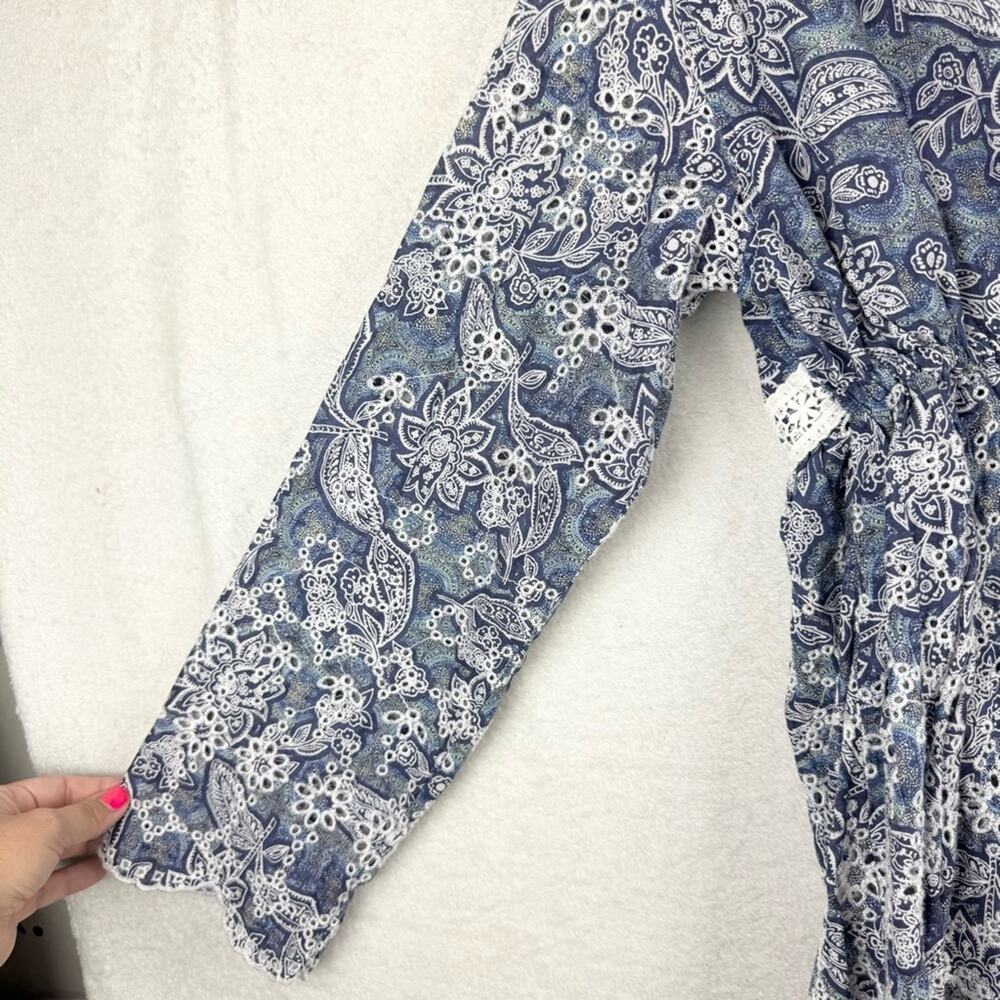 Free People Anissa Bed Jacket Eyelet Lace Tie Front Blue Combo Size S Beach Boho - Picture 10 of 15